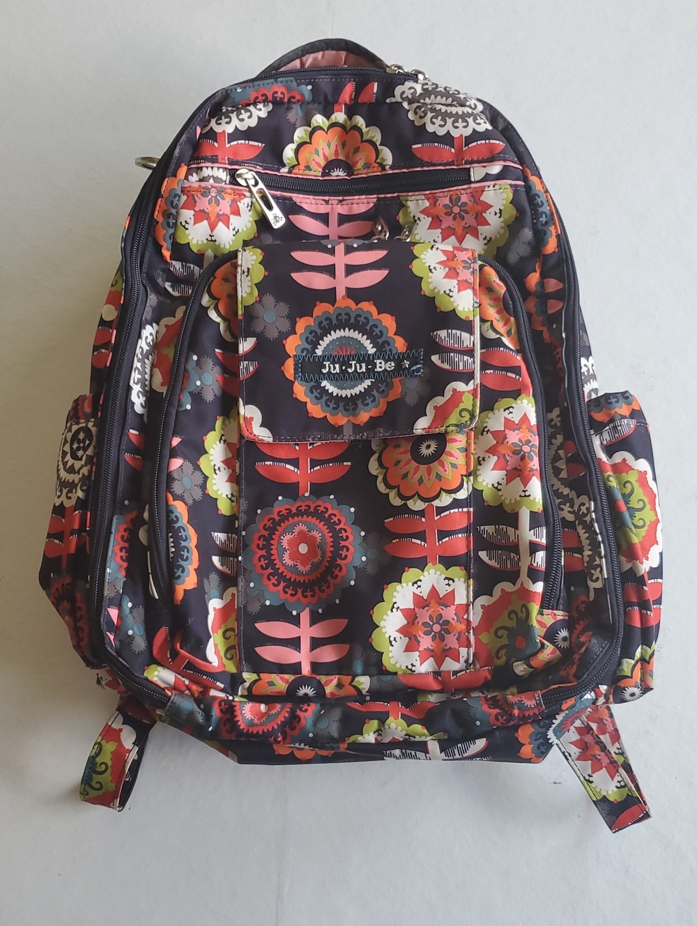 Ju-Ju-Be Black Floral Backpack with Coral, Lime Accents